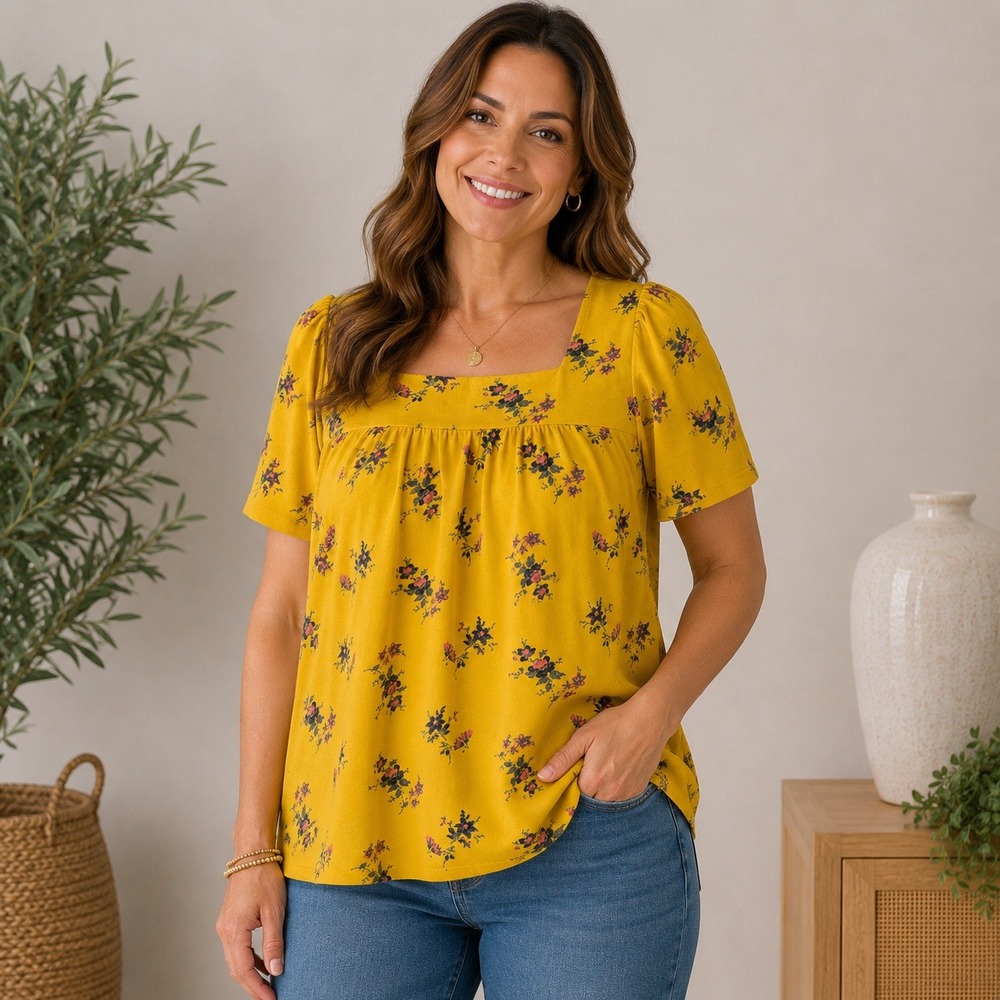 Lucky Brand Mustard Yellow Floral Square Neck Flutter Sleeve Knit Top Large